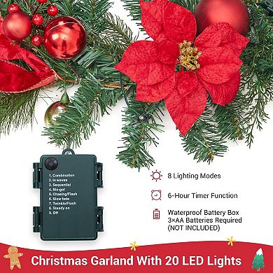 6FT Pre-Lit Christmas Garland,Battery Operated Garland with 20 Lights Flowers Ball Ornaments Berries