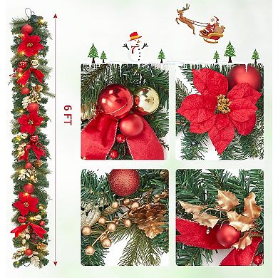6FT Pre-Lit Christmas Garland,Battery Operated Garland with 20 Lights Flowers Ball Ornaments Berries