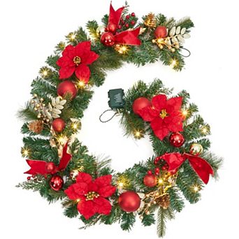 6FT Pre-Lit Christmas Garland,Battery Operated Garland with 20 Lights Flowers Ball Ornaments Berries
