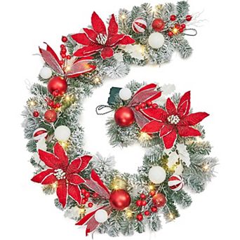 6FT Pre-Lit Christmas Garland,Battery Operated Garland with 20 Lights Flowers Ball Ornaments Berries