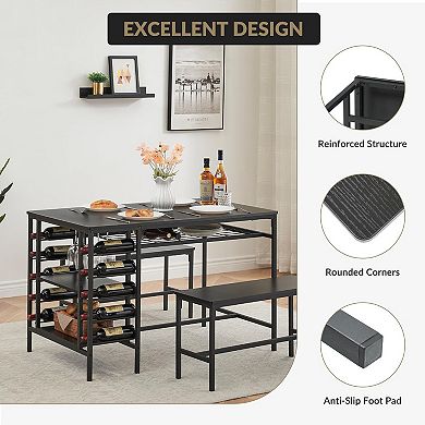 Space-Saving 3-Piece Dining Set: Kitchen Table with 2 Benches, Wine Rack & Storage Shelf