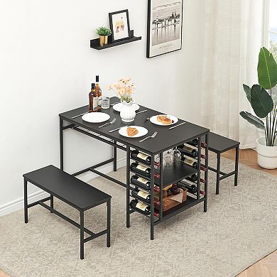 Space-Saving 3-Piece Dining Set: Kitchen Table with 2 Benches, Wine Rack & Storage Shelf