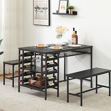 Space-Saving 3-Piece Dining Set: Kitchen Table with 2 Benches, Wine Rack & Storage Shelf
