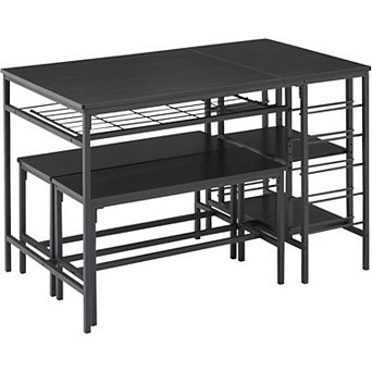 Space-Saving 3 pc Dining Set: Kitchen Table with 2 Benches, Wine Rack & Storage Shelf