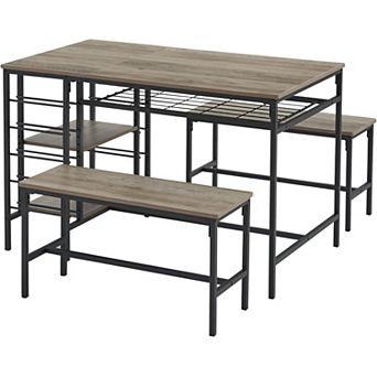 Space-Saving 3 pc Dining Set: Kitchen Table with 2 Benches, Wine Rack & Storage Shelf