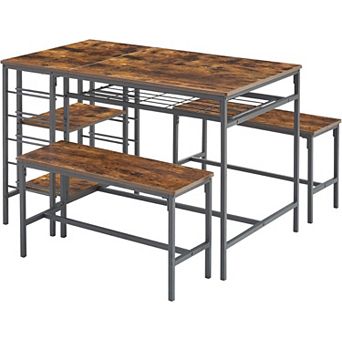 Space-Saving 3 pc Dining Set: Kitchen Table with 2 Benches, Wine Rack & Storage Shelf