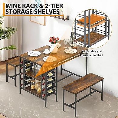 Space-Saving 3-Piece Dining Set: Kitchen Table with 2 Benches, Wine Rack & Storage Shelf