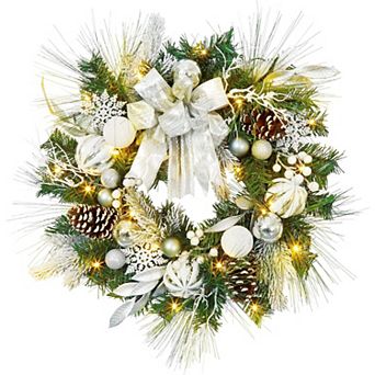 24Inch Green Pre-Lit Christmas Wreath with 20 LED Lights Silver White Balls Holiday Door Decor
