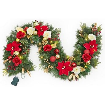 6 ft Christmas Garland with Light,Pre-Lit Artificial Pine Garland with Berries&Balls,Christmas Decor