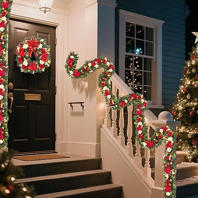 6 ft Christmas Garland with Light,Pre-Lit Artificial Pine Garland with Berries&Balls,Christmas Decor