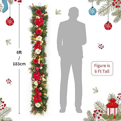 6 ft Christmas Garland with Light,Pre-Lit Artificial Pine Garland with Berries&Balls,Christmas Decor