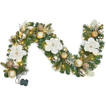 2 pc Christmas Garland with Lights, Prelit Garland for Mantle with 20 LED Lights Timer Gold Flower