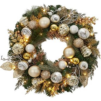 Battery Operated Pre-Lit Christmas Wreath, with Ball Ornaments for Front Door and Fireplace Decor