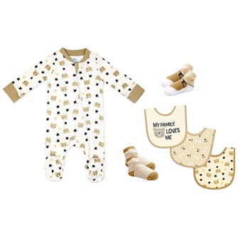 Baby Boys and Baby Girls My Family Loves Me 6 pc Zippered Sleeper, Bibs, and Socks Set