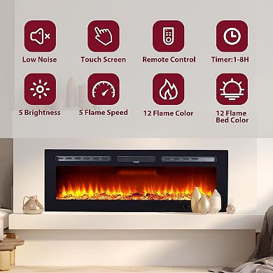 60-in Electric Fireplace Wall Mounted Recessed Remote Timer Adjustable Flame Black