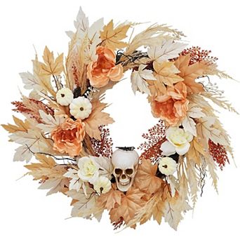 Fancihabor 20 in Halloween Wreath Orange Lighted with Maple Leaves Pumpkins Skulls LED for Window