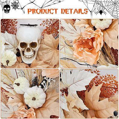 Fancihabor 20in Halloween Wreath Orange Lighted with Maple Leaves Pumpkins Skulls LED for Window