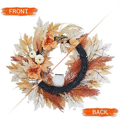 Fancihabor 20in Halloween Wreath Orange Lighted with Maple Leaves Pumpkins Skulls LED for Window