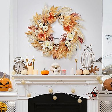 Fancihabor 20in Halloween Wreath Orange Lighted with Maple Leaves Pumpkins Skulls LED for Window