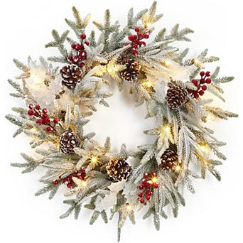 Pre-Lit Artificial Pine Christmas Wreath with Red Bow, Balls & LEDs for Door, Fireplace, Wall