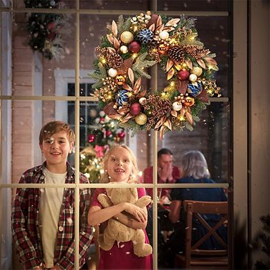 Pre-Lit Artificial Christmas Wreath with Pine Cones & Balls, for Mantel, Wall, Window and Door Decor