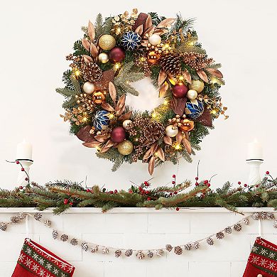 Pre-Lit Artificial Christmas Wreath with Pine Cones & Balls, for Mantel, Wall, Window and Door Decor