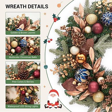 Pre-Lit Artificial Christmas Wreath with Pine Cones & Balls, for Mantel, Wall, Window and Door Decor