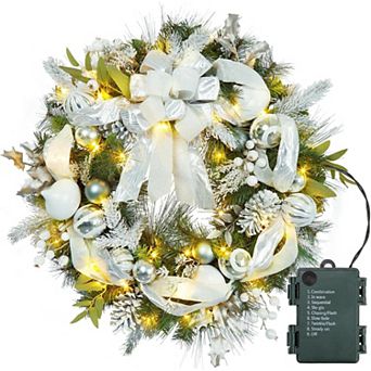30Inch Green Pre-Lit Christmas Wreath with 40 LED Lights Silver White Balls Holiday Decor