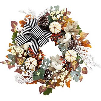 Fancihabor 20 in Fall Wreath Orange White with Maple Leaves Pumpkins Stripe Bow for Front Door