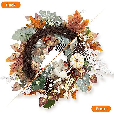 Fancihabor 20in Fall Wreath Orange White with Maple Leaves Pumpkins Stripe Bow for Front Door
