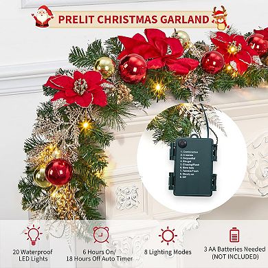 Christmas Garland with Lights, 6ft Prelit Christmas Garland for Mantle with Timer 20 LED Lights