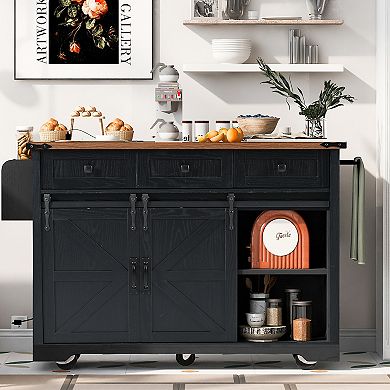 Farmhouse Kitchen Island with Power Outlet, Barn Doors, Drop Leaf, Spice Rack