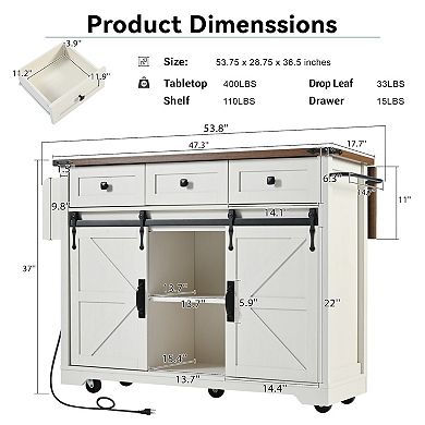 Farmhouse Kitchen Island with Power Outlet, Barn Doors, Drop Leaf, Spice Rack