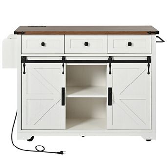 Farmhouse Kitchen Island with Power Outlet, Barn Doors, Drop Leaf, Spice Rack