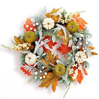 Fancihabor 20 in Fall Thanksgiving Wreath Orange with Eucalyptus Berries Pumpkins Front Door Porch