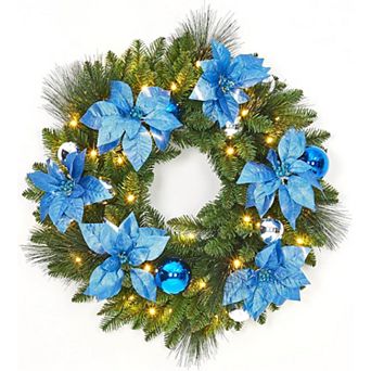 Fancihabor 24 in Christmas Wreath Pre-Lit Blue Silver with Pine Cones Flowers Ornaments