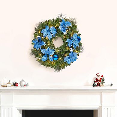 Fancihabor 24in Christmas Wreath Pre-Lit Blue Silver with Pine Cones Flowers Ornaments