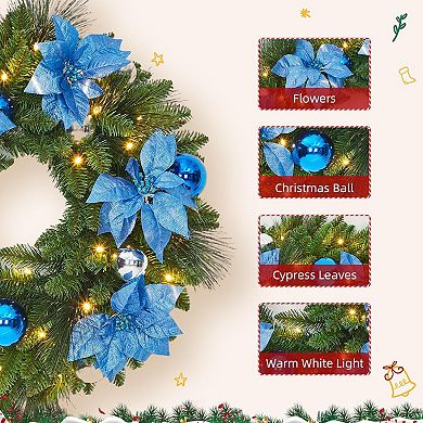Fancihabor 24in Christmas Wreath Pre-Lit Blue Silver with Pine Cones Flowers Ornaments