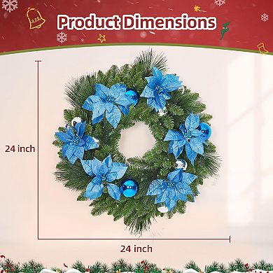 Fancihabor 24in Christmas Wreath Pre-Lit Blue Silver with Pine Cones Flowers Ornaments