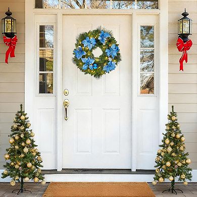 Fancihabor 24in Christmas Wreath Pre-Lit Blue Silver with Pine Cones Flowers Ornaments