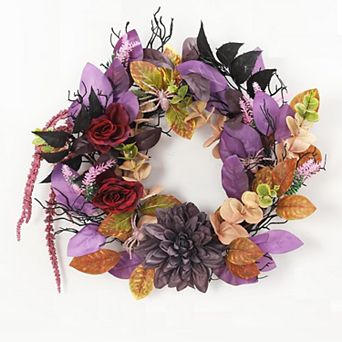 Fancihabor 18 in Halloween Wreath Black Red with Spiders Roses Colorful Leaves for Front Door Mantel