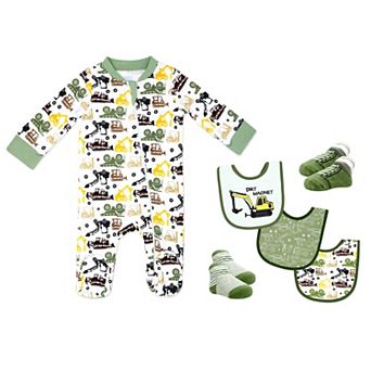 Baby Boys 6 pc Dirt Magnet Construction Vehicle Footed Sleeper, Bibs, and Socks Set