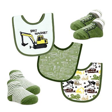 Baby Boys 6 Piece Dirt Magnet Construction Vehicle Footed Sleeper, Bibs, and Socks Set