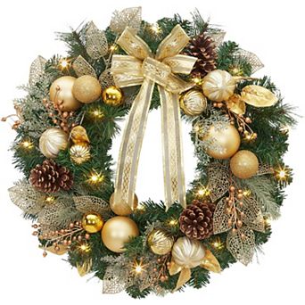 18 in Prelit Christmas Wreath with Gold Balls and Bow Artificial Holiday Decor for Door or Wall