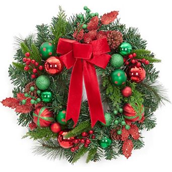 22 Inch Pre-Lit Christmas Wreath with 30 LED Lights and Red Green Ornaments for Front Door or Wall