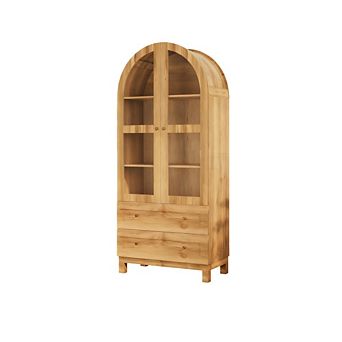 71 in Tall Arched Kitchen Pantry Cabinet, Modern Storage Cabinet With 2 Drawers And Glass Door