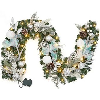 Pre-Lit 6 Feet Christmas Garland, Silver and White Lighted Xmas Garland with 20 LED Lights, Balls