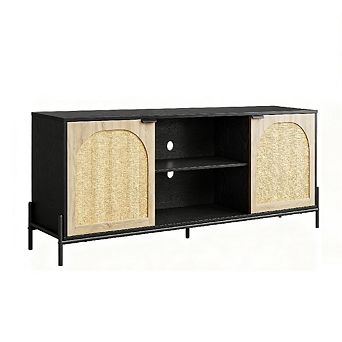 Rattan TV Stand for 75" TVs, Mid-Century Modern Console with Adjustable Shelf