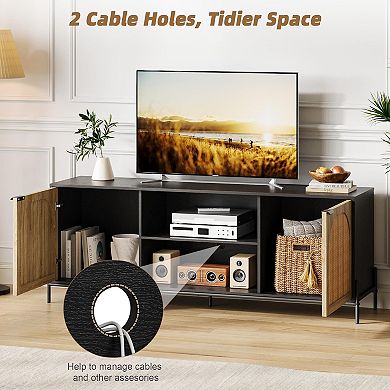 Rattan TV Stand for 75" TVs, Mid-Century Modern Console with Adjustable Shelf