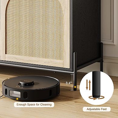 Rattan TV Stand for 75" TVs, Mid-Century Modern Console with Adjustable Shelf